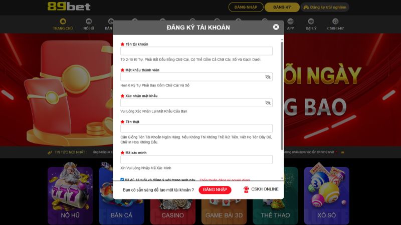Đăng ký mở tài khoản ngay tại trang chủ 89bet